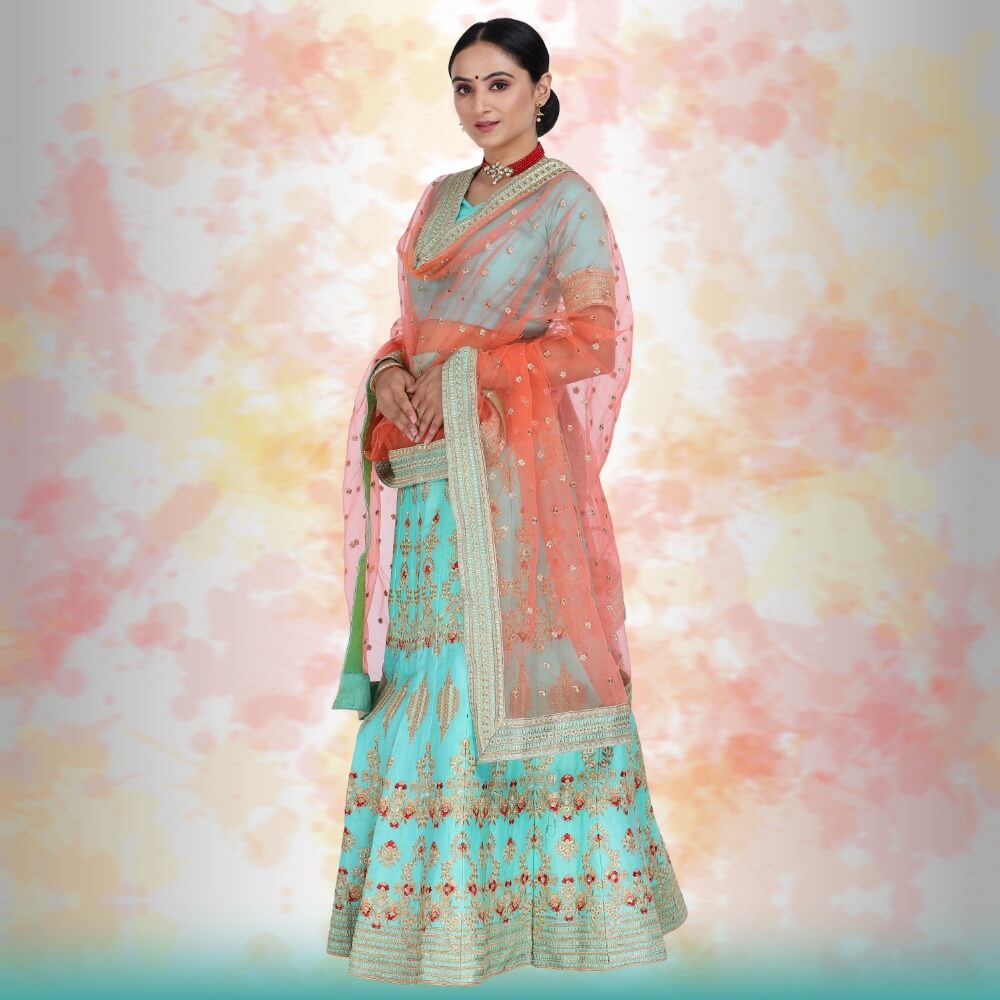 Raw Silk Lehenga Choli - Blue - NEWYORKLISTED