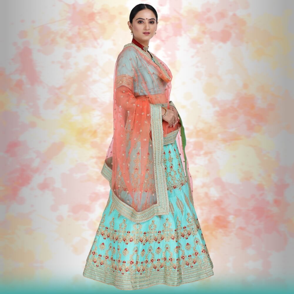 Raw Silk Lehenga Choli - Blue - NEWYORKLISTED
