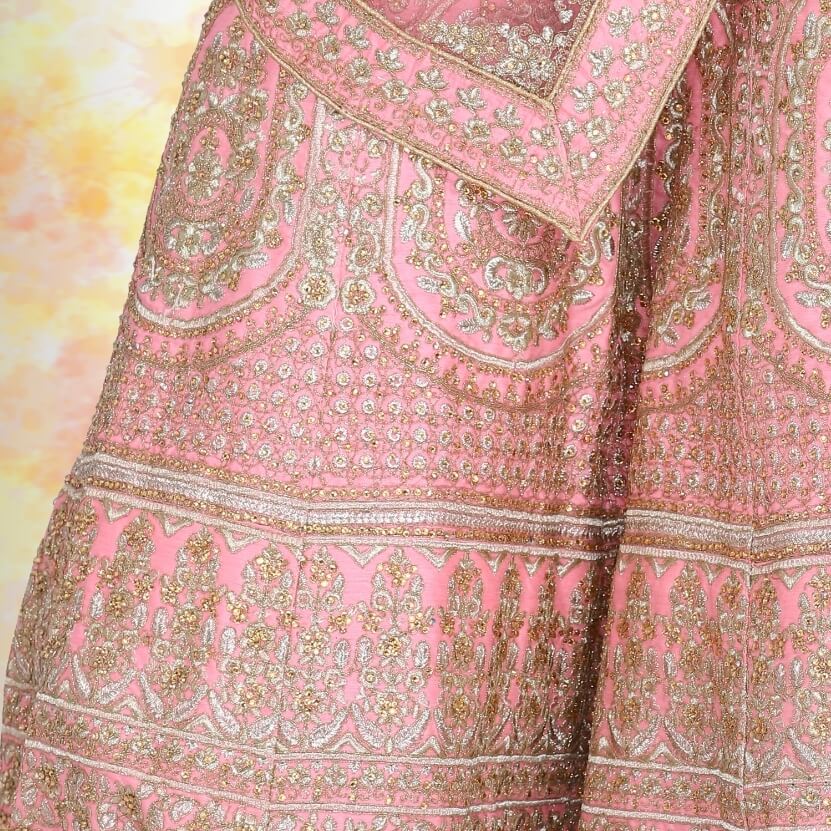 NEWYORKLISTED: Pink Silk Bridal Lehenga with Temple Border &amp; Henna Embroidery – Diamond Work Wedding Ensemble - NEWYORKLISTED