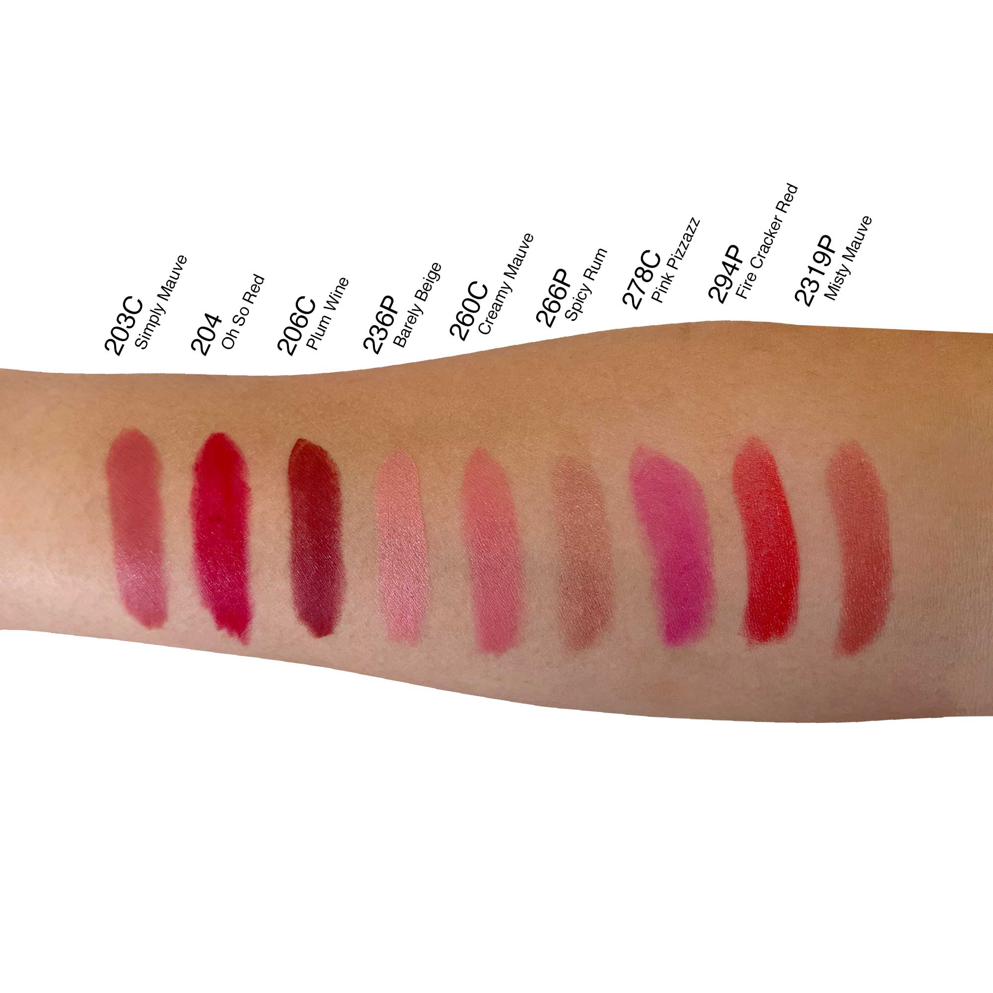 NEWYORKLISTED Cosmetic Collection: Lipstick swatches on a arm with color names listed