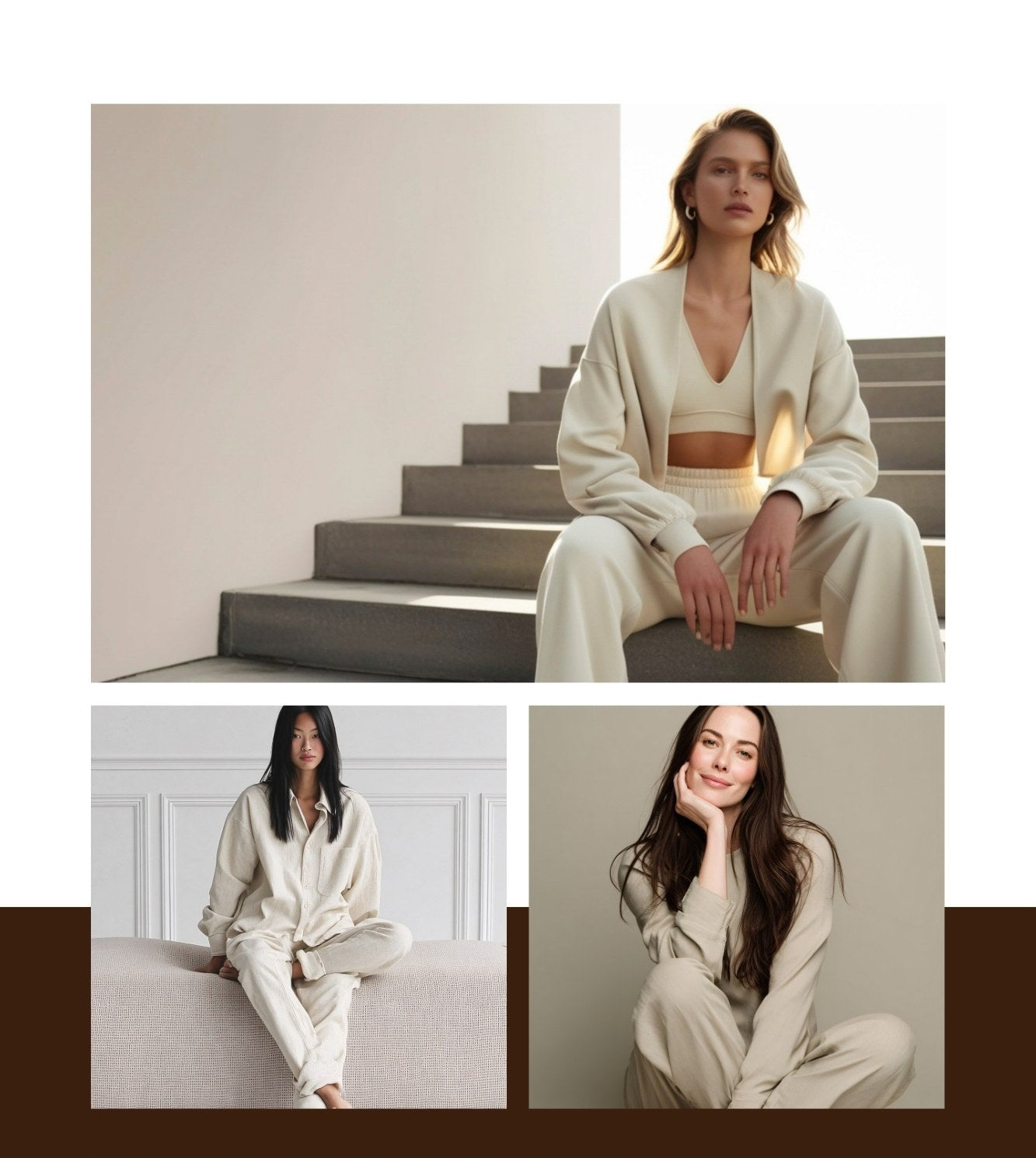 NEWYORKLISTED COMFORT COLLECTION: Woman in a white outfit sitting on stairs with 'Newyorklisted Comfort Collection' text.