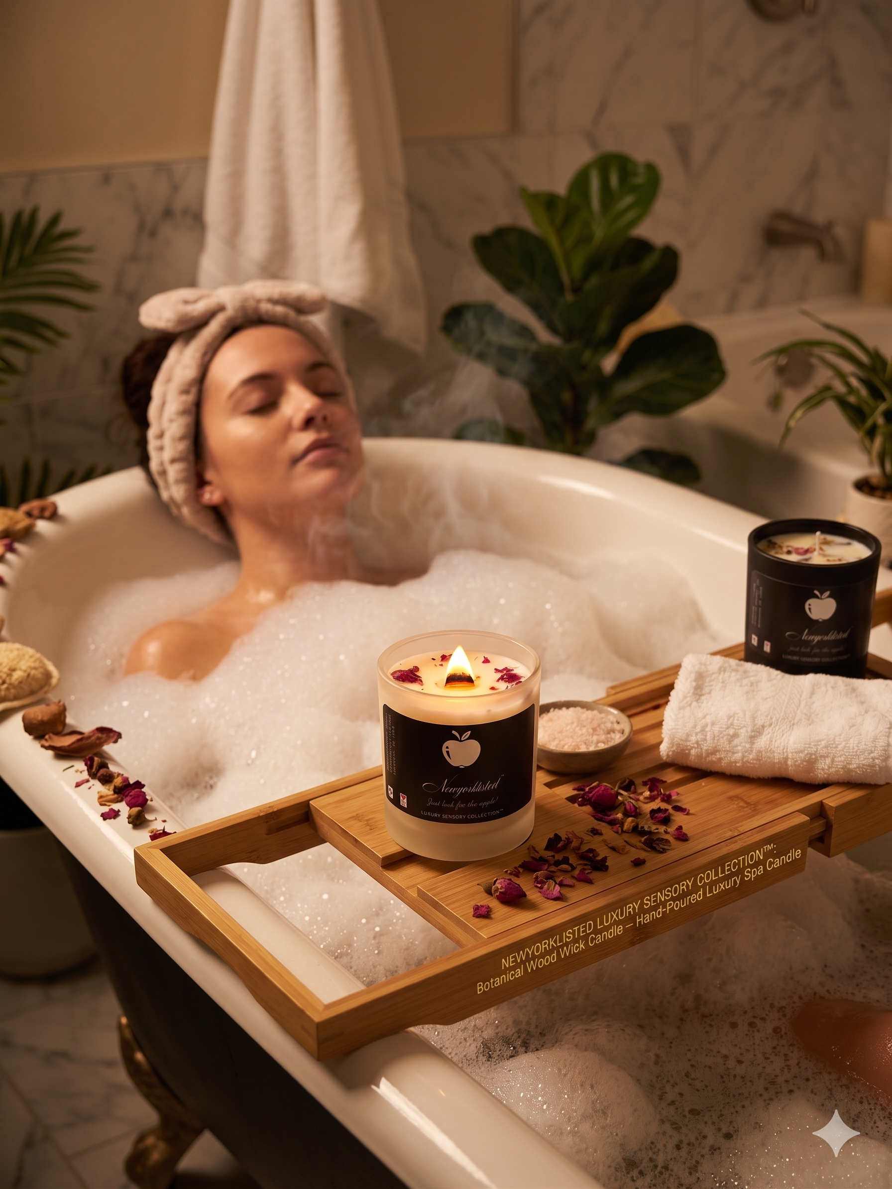 NEWYORKLISTED LUXURY SENSORY COLLECTION™: Botanical Wood Wick Candle – Hand-Poured Luxury Spa Candle: Woman relaxing in a bubble bath with a candle and tray of items.