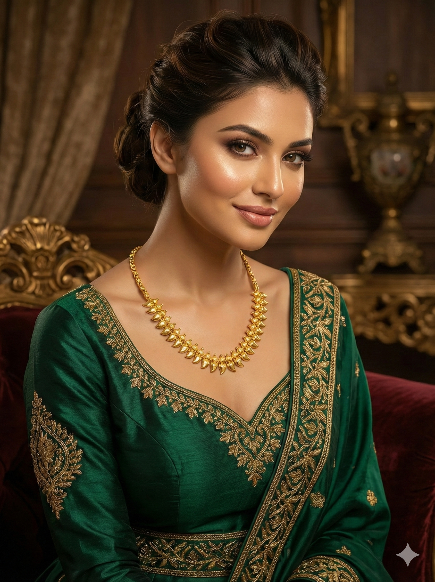 NEWYORKLISTED Valentine's Day: Woman wearing a green embroidered outfit with 22k gold necklace jewelry in an elegant setting.