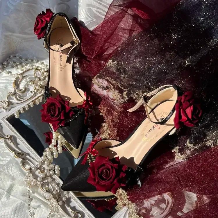 Black Red Gothic Lolita Shoe Wedding Lolita High Heels for Ladies Rose Pointed Toe Dress Shoes for Womenluxury Shoes Sss Grade - NEWYORKLISTED