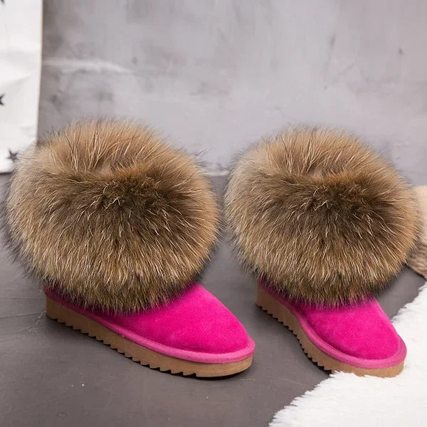 G&Zaco Luxury Winter Snow Boots Women Natural Real Fox Fur Boots Waterproof Genuine Suede Leather Boots Black Flat Short Boot - NEWYORKLISTED