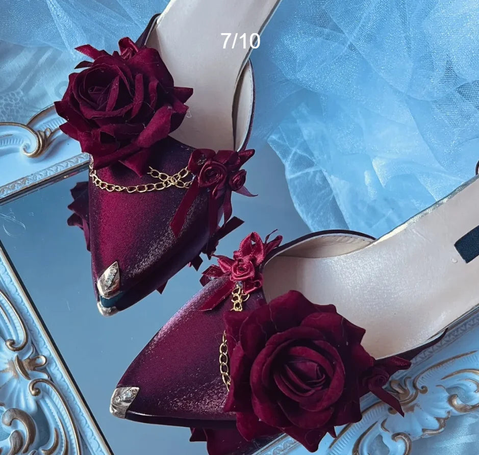 Black Red Gothic Lolita Shoe Wedding Lolita High Heels for Ladies Rose Pointed Toe Dress Shoes for Womenluxury Shoes Sss Grade - NEWYORKLISTED