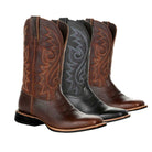 NEWYORKLISTED ATLAS MEN'S COLLECTION: Three pairs of cowboy boots in brown, black, and gray on a white background