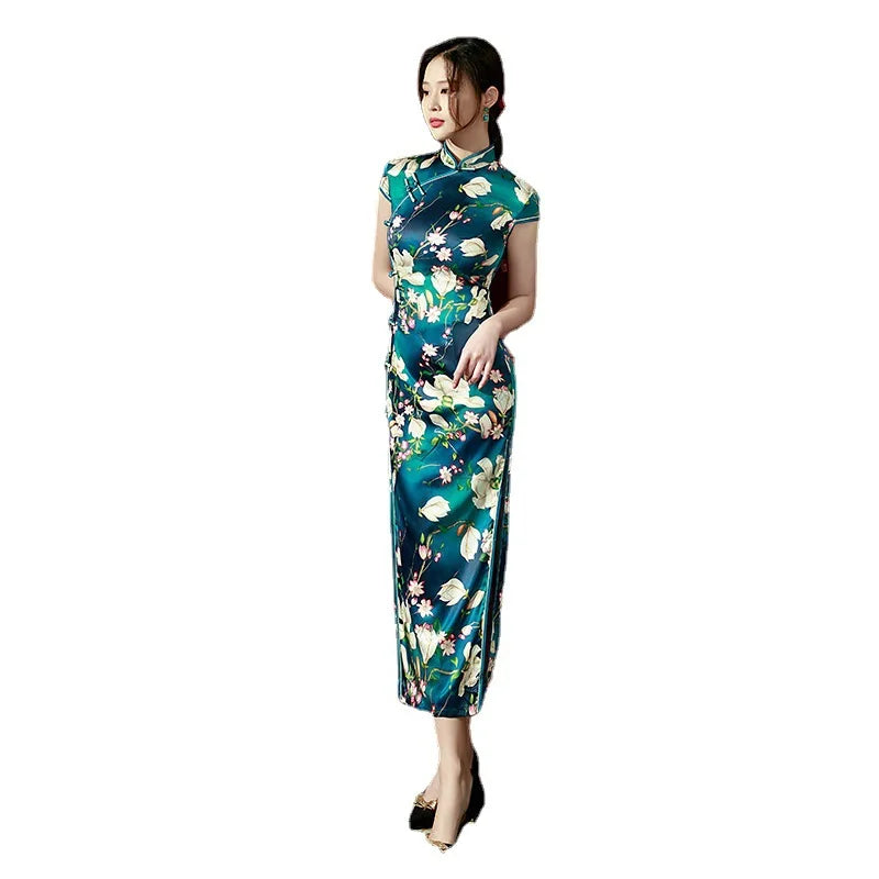 Yourqipao Spring Ice Silk Qipao Cheongsam Dress Three-Quarter Sleeves Long Modified Side Eight-Button Double-Layer Chinese Style - NEWYORKLISTED