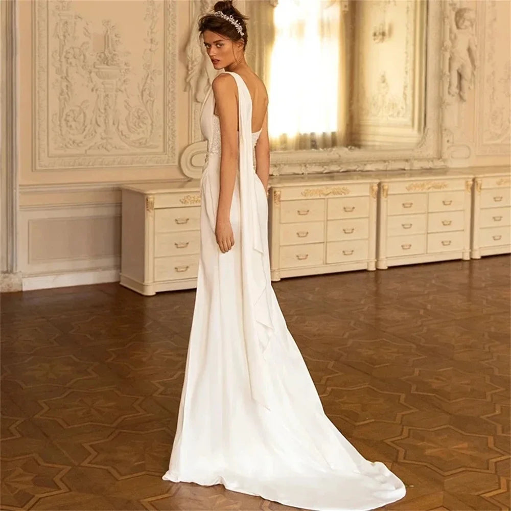 Satin Elegant Wedding Dresses Square Collar One-Shoulder Bridal Gowns Sexy Backless Side Slit Wedding Dress Vestidos De Novia - NEWYORKLISTED