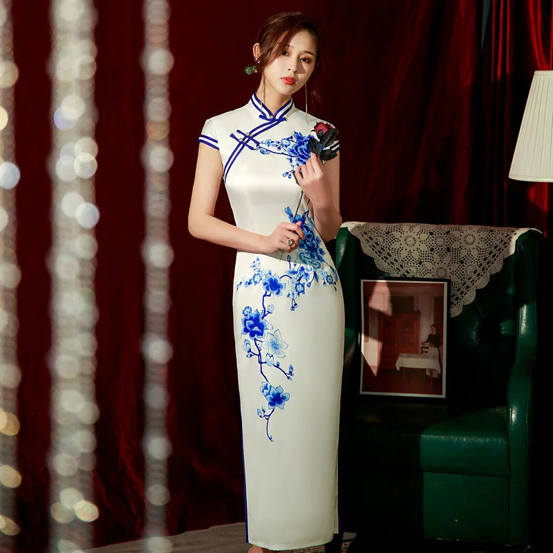 Yourqipao Spring Ice Silk Qipao Cheongsam Dress Three-Quarter Sleeves Long Modified Side Eight-Button Double-Layer Chinese Style - NEWYORKLISTED