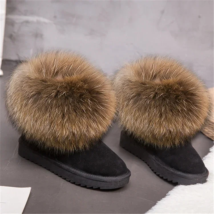 G&Zaco Luxury Winter Snow Boots Women Natural Real Fox Fur Boots Waterproof Genuine Suede Leather Boots Black Flat Short Boot - NEWYORKLISTED
