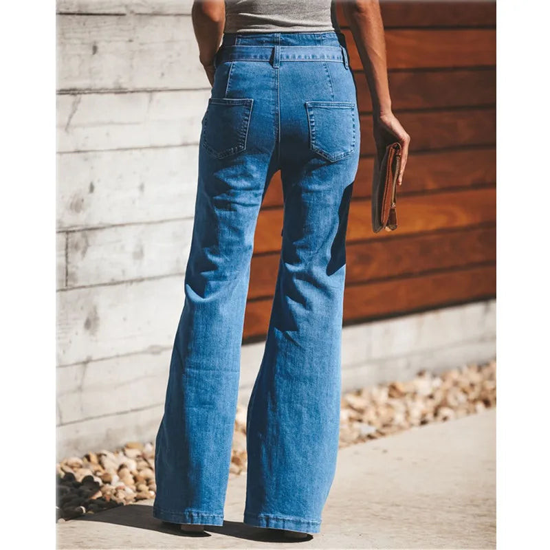 Blue Tie Waist Flare Jeans Women Slim Denim Trousers Vintage Clothes 2021 Spring High  Pants Belted Stretchy Wide Leg - NEWYORKLISTED