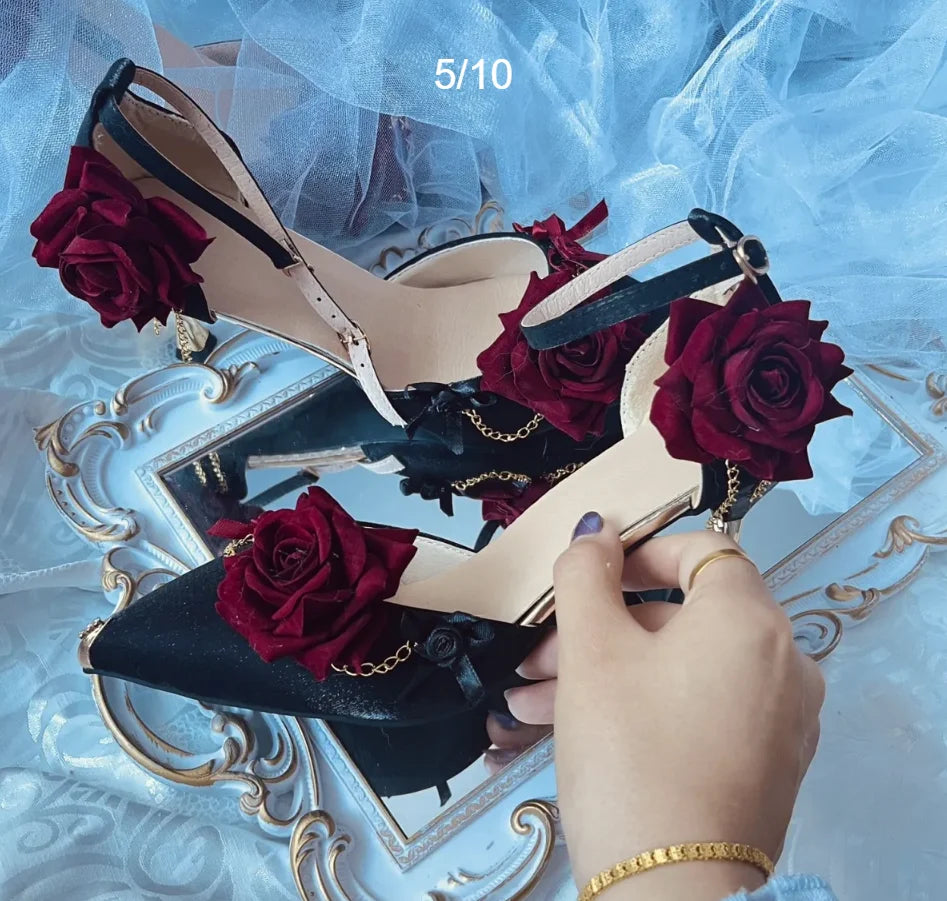 Black Red Gothic Lolita Shoe Wedding Lolita High Heels for Ladies Rose Pointed Toe Dress Shoes for Womenluxury Shoes Sss Grade - NEWYORKLISTED