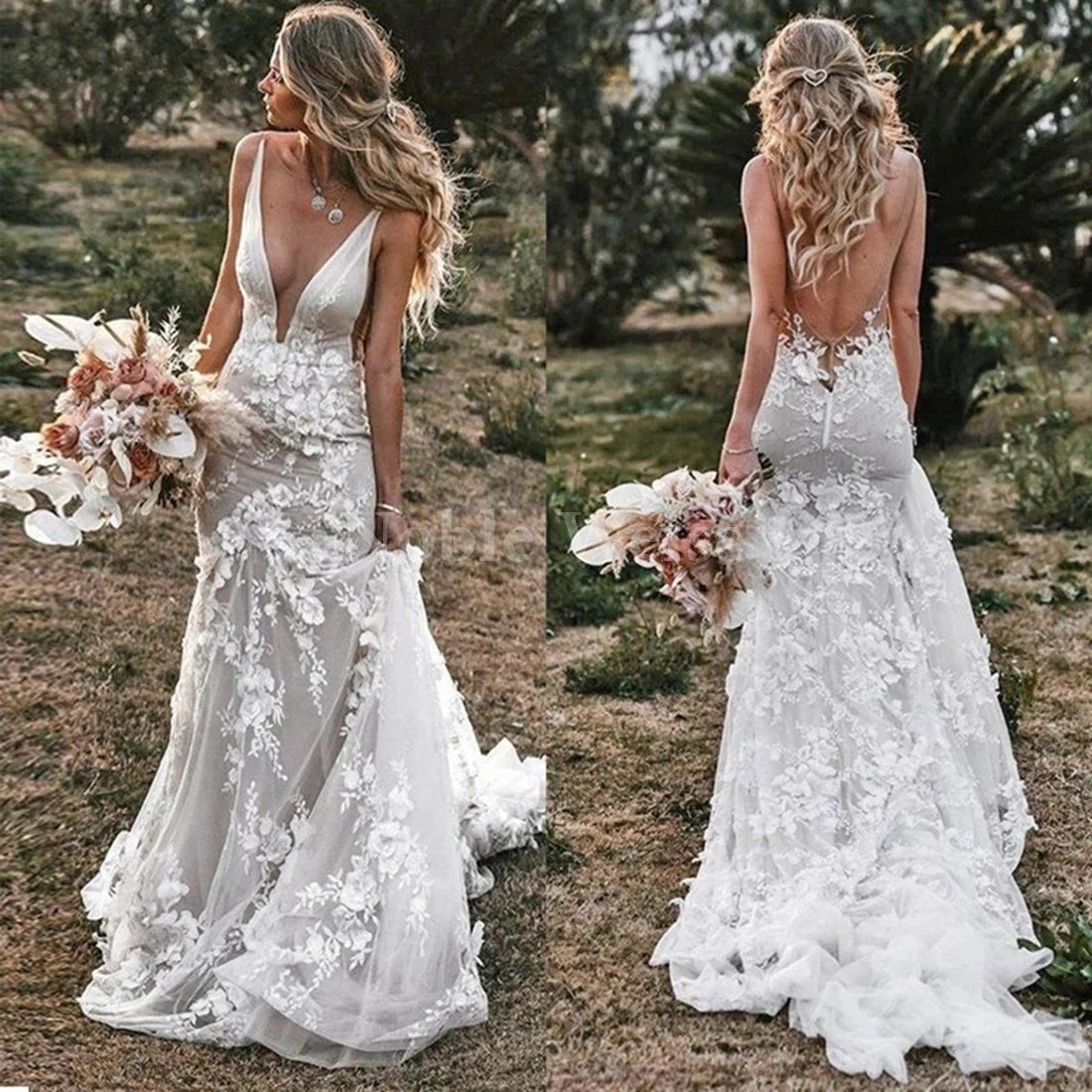 NEWYORKLISTED ELEGANT BRIDE COLLECTION: Lace V-Neck Illusion Backless Mermaid Wedding Gown - NEWYORKLISTED