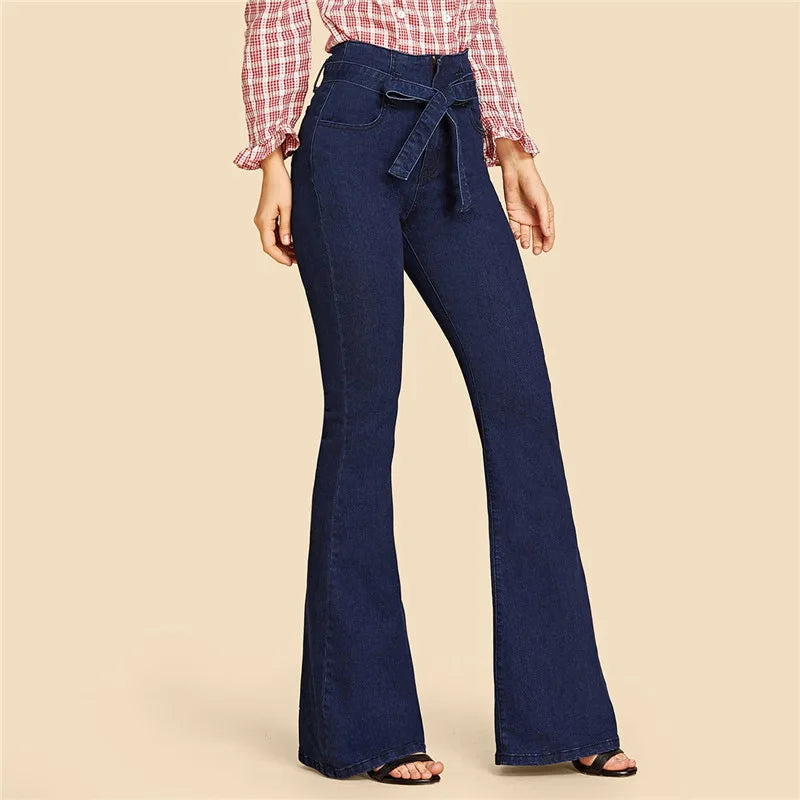 Blue Tie Waist Flare Jeans Women Slim Denim Trousers Vintage Clothes 2021 Spring High  Pants Belted Stretchy Wide Leg - NEWYORKLISTED