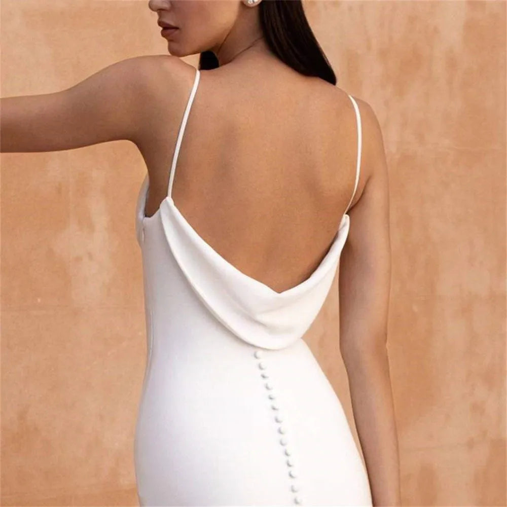 Simple Mermaid Wedding Dress White Satin Cowl Neck Sexy Spaghetti Strap Beach Bridal Gown Long Train Buttons Vestidos Customized - NEWYORKLISTED