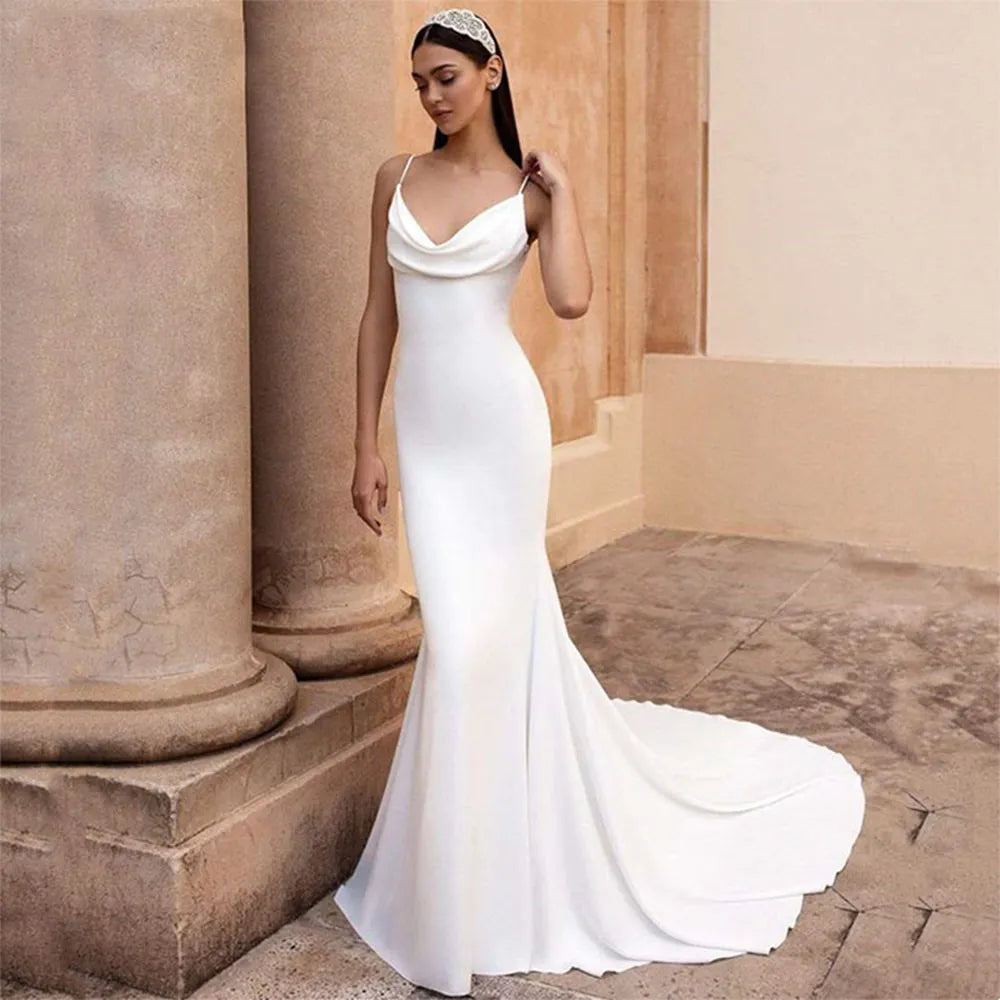 Simple Mermaid Wedding Dress White Satin Cowl Neck Sexy Spaghetti Strap Beach Bridal Gown Long Train Buttons Vestidos Customized - NEWYORKLISTED