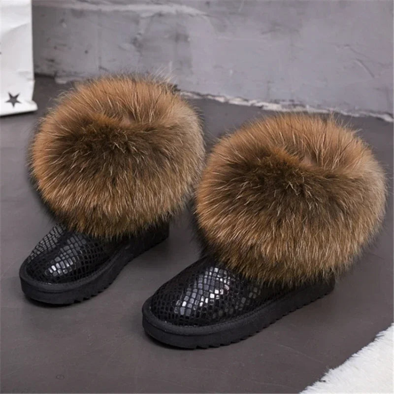 G&Zaco Luxury Winter Snow Boots Women Natural Real Fox Fur Boots Waterproof Genuine Suede Leather Boots Black Flat Short Boot - NEWYORKLISTED