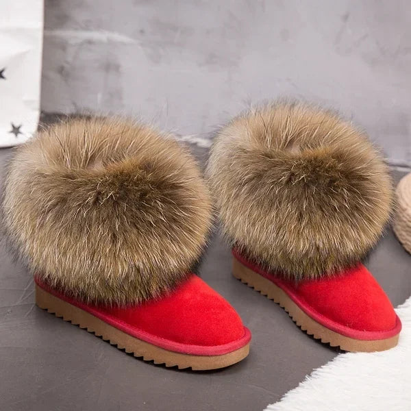 G&Zaco Luxury Winter Snow Boots Women Natural Real Fox Fur Boots Waterproof Genuine Suede Leather Boots Black Flat Short Boot - NEWYORKLISTED