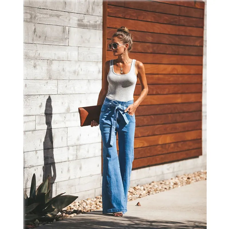 Blue Tie Waist Flare Jeans Women Slim Denim Trousers Vintage Clothes 2021 Spring High  Pants Belted Stretchy Wide Leg - NEWYORKLISTED
