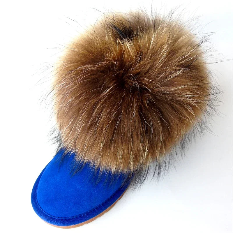 G&Zaco Luxury Winter Snow Boots Women Natural Real Fox Fur Boots Waterproof Genuine Suede Leather Boots Black Flat Short Boot - NEWYORKLISTED