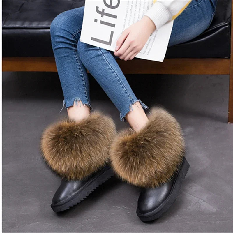 G&Zaco Luxury Winter Snow Boots Women Natural Real Fox Fur Boots Waterproof Genuine Suede Leather Boots Black Flat Short Boot - NEWYORKLISTED