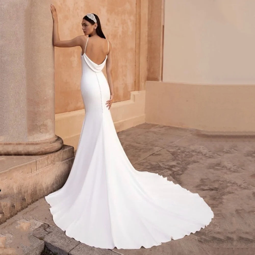 Simple Mermaid Wedding Dress White Satin Cowl Neck Sexy Spaghetti Strap Beach Bridal Gown Long Train Buttons Vestidos Customized - NEWYORKLISTED