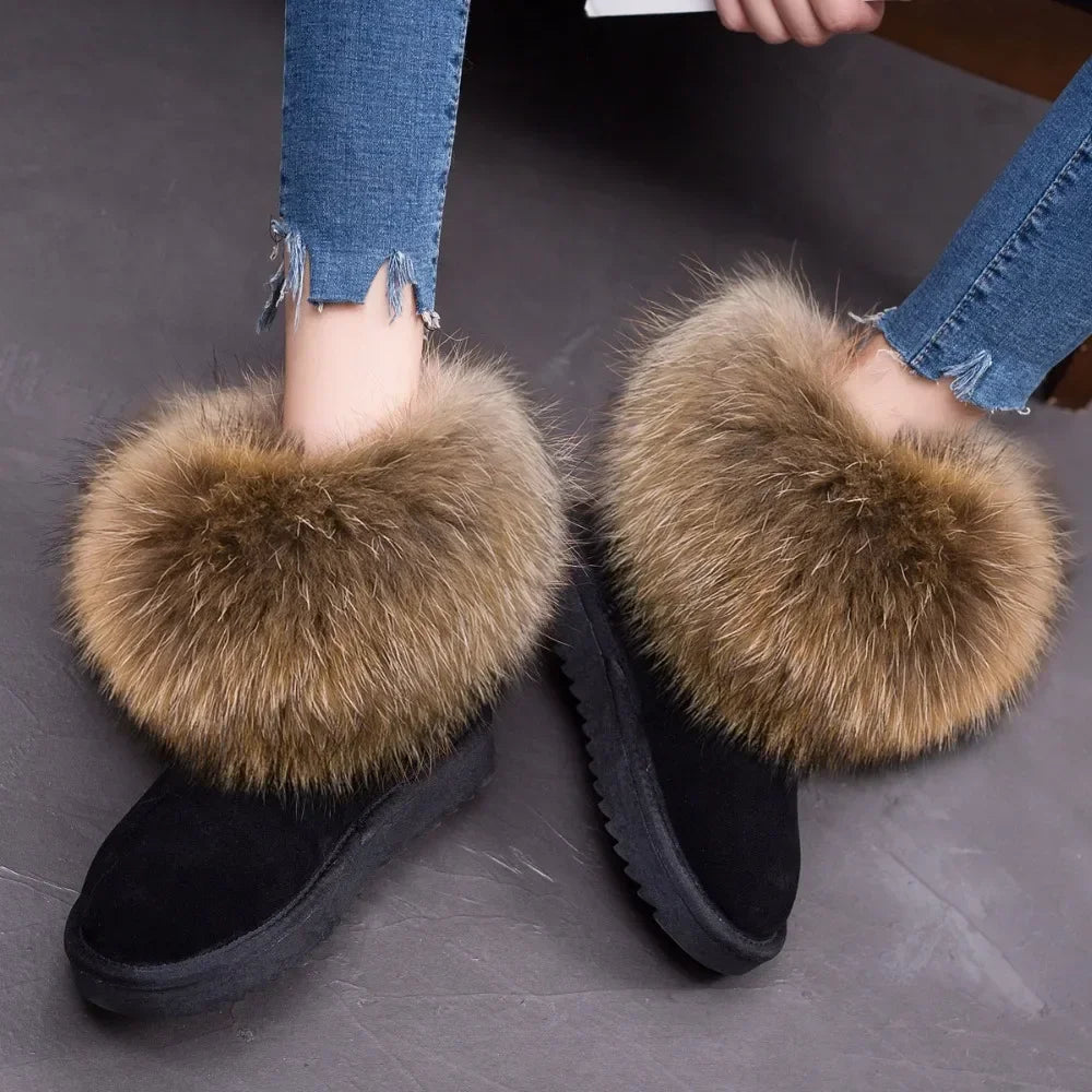G&Zaco Luxury Winter Snow Boots Women Natural Real Fox Fur Boots Waterproof Genuine Suede Leather Boots Black Flat Short Boot - NEWYORKLISTED
