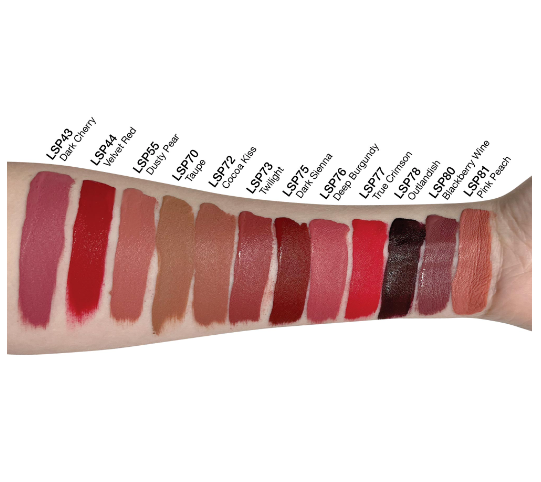 NEWYORKLISTED Cosmetic Collection: Lipstick swatches on a arm with color names below