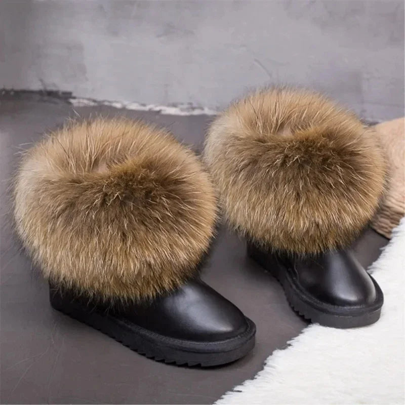 G&Zaco Luxury Winter Snow Boots Women Natural Real Fox Fur Boots Waterproof Genuine Suede Leather Boots Black Flat Short Boot - NEWYORKLISTED