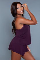NEWYORKLISTED Intimate Apparel Collection: Emery Cami And Short Set, Woman wearing a purple outfit against a gray background