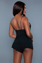 NEWYORKLISTED Intimate Apparel Collection: Emery Cami And Short Set, Woman wearing a black lingerie set against a gray background