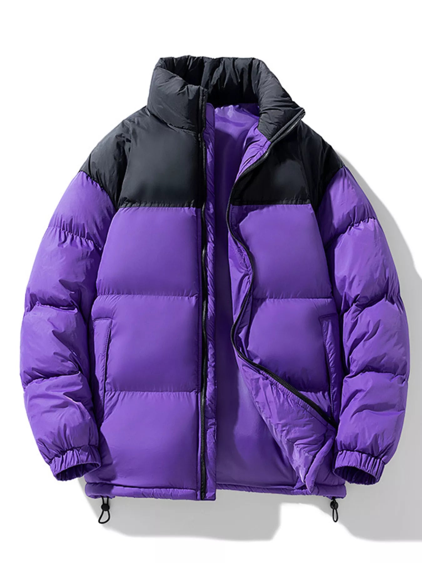NEWYORKLISTED ATLAS MEN’S COLLECTION: Purple puffer jacket with black collar on a white background