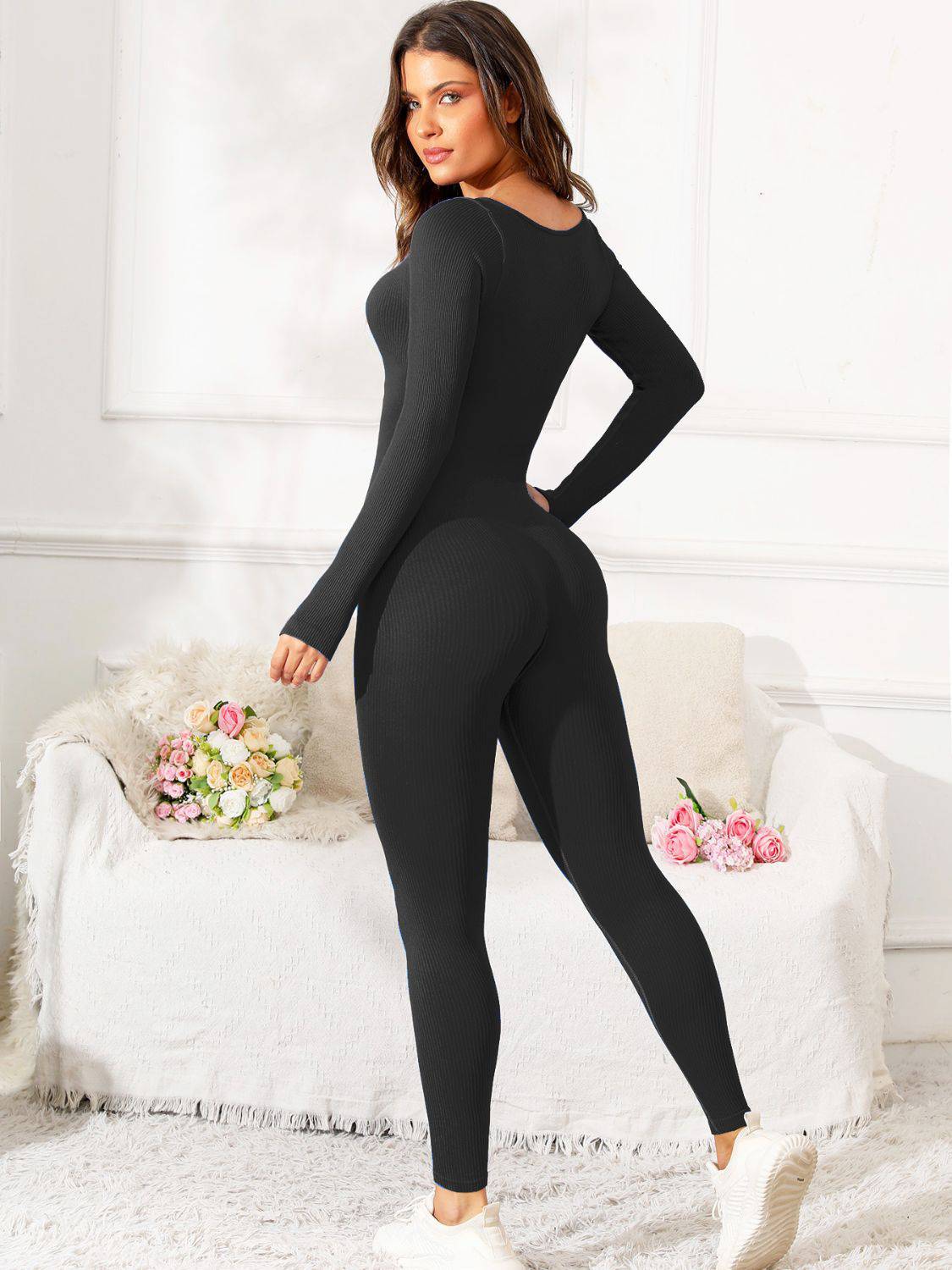 Scoop Neck Long Sleeve Active Jumpsuit - NEWYORKLISTED