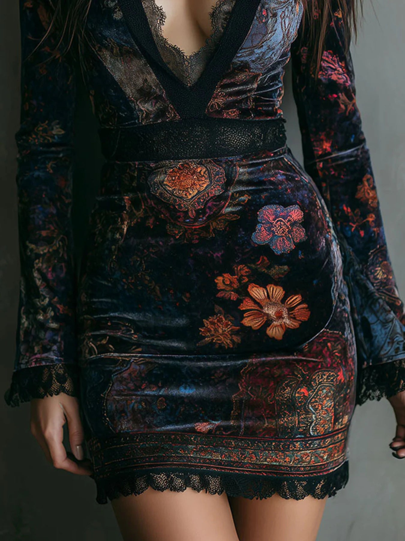 NEWYORKLISTED STYLE COLLECTION: Patterned dress with long sleeves and floral designs on a plain background