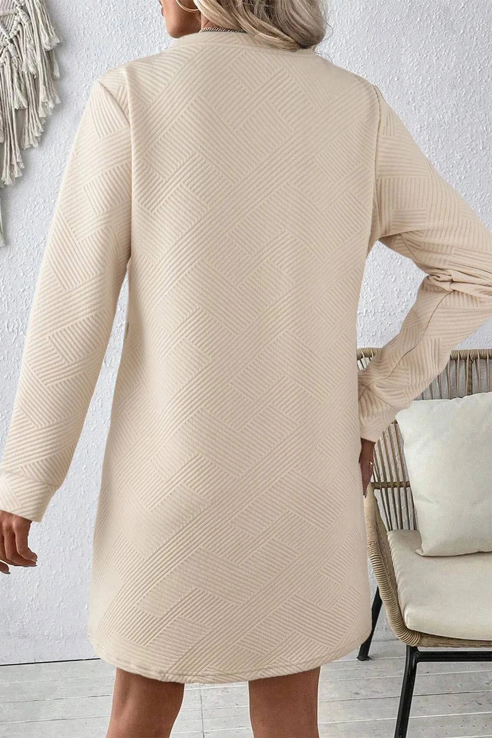 Textured Round Neck Long Sleeve Mini Dress - NEWYORKLISTED