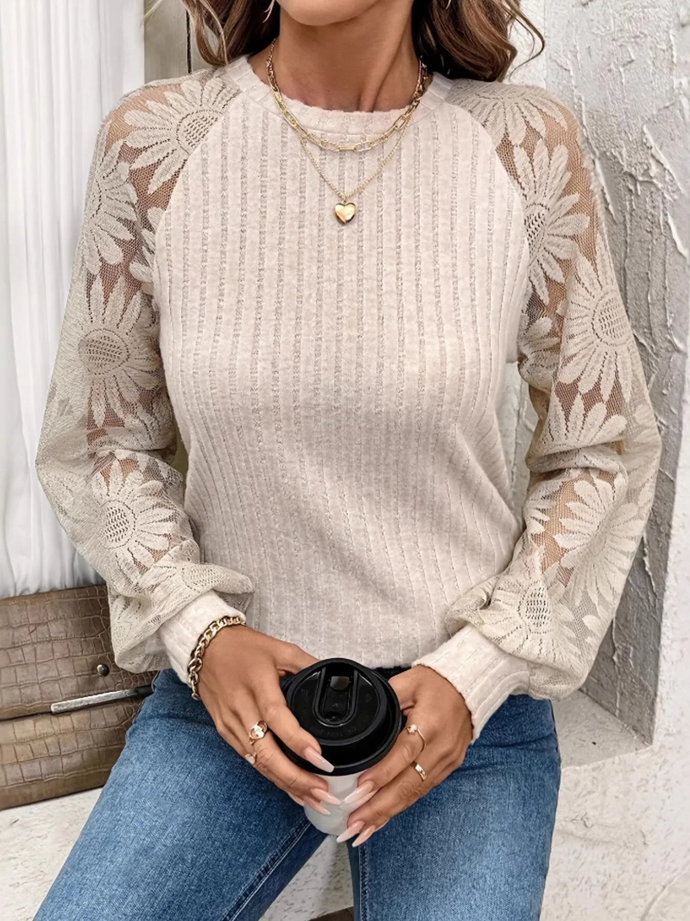 NEWYORKLISTED STYLE COLLECTION: Ribbed Sheer Lace Sleeve Top