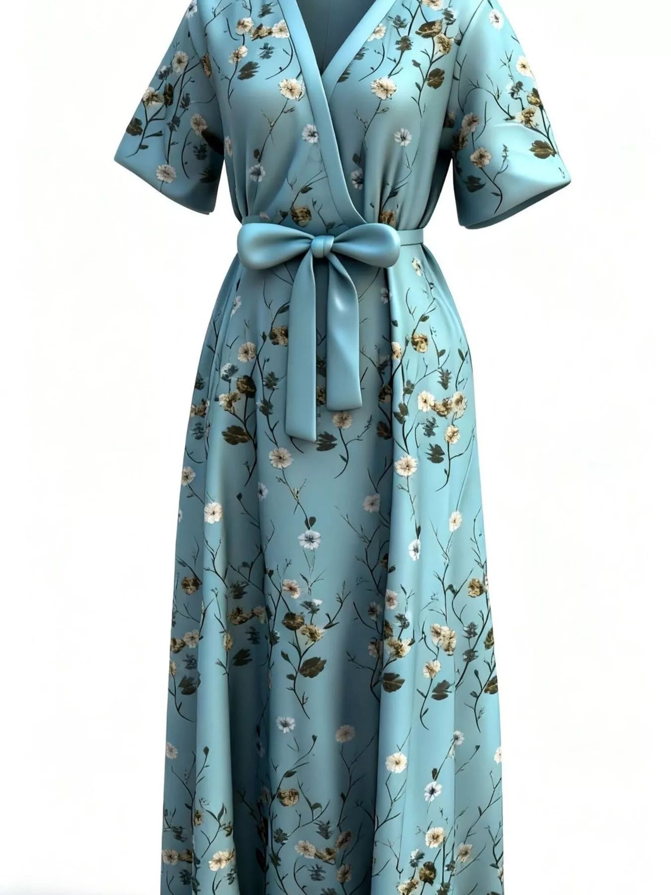 NEWYORKLISTED STYLE COLLECTION: Light blue floral dress with a bow on a white background