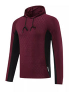 NEWYORKLISTED ATLAS MEN's COLLECTION: Maroon and black long-sleeve hoodie with geometric pattern on a white background