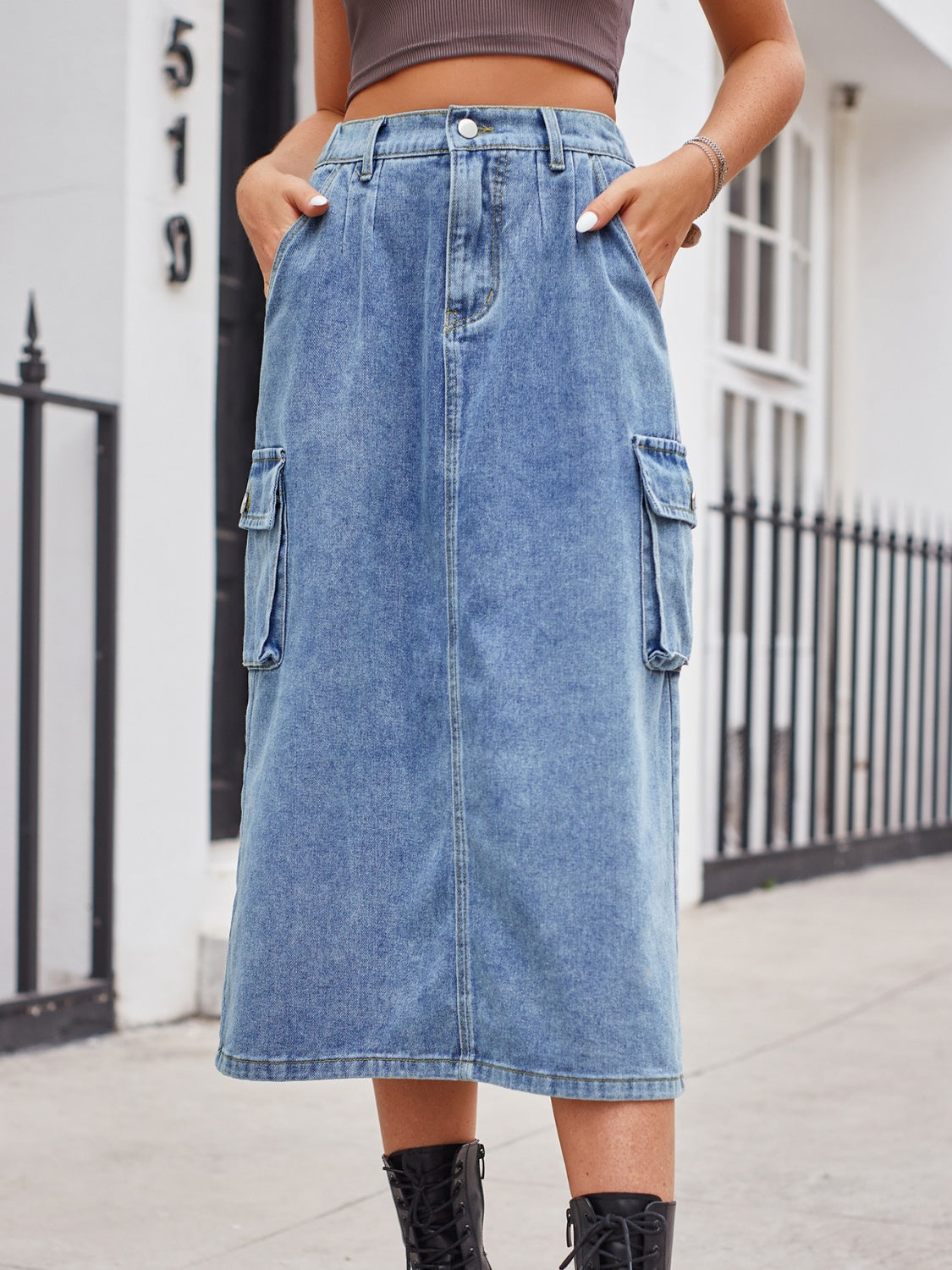 Slit Buttoned Denim Skirt with Pockets - NEWYORKLISTED