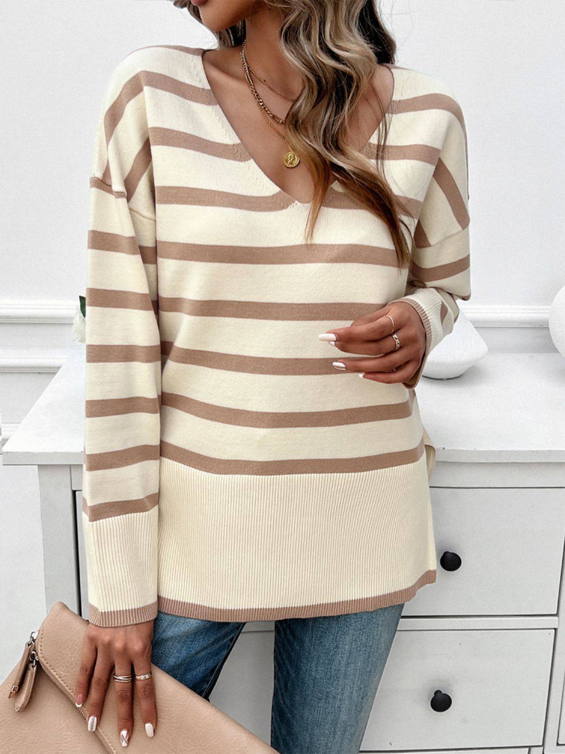 NYLD Striped V-Neck Long Sleeve Knit Top - NEWYORKLISTED