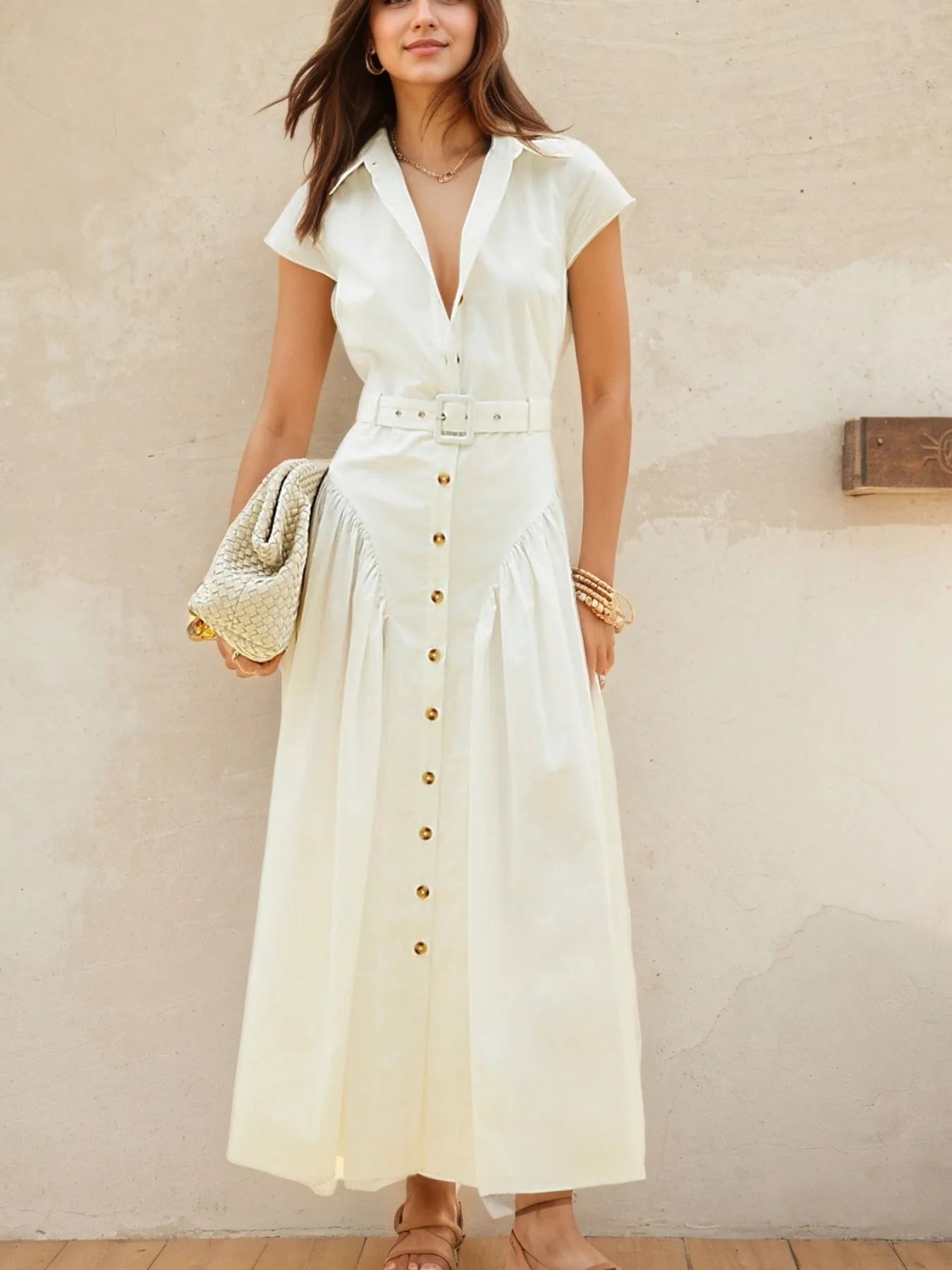Button-front cap sleeve midi shirt dress with belted waist — NEWYORKLISTED STYLE COLLECTION.