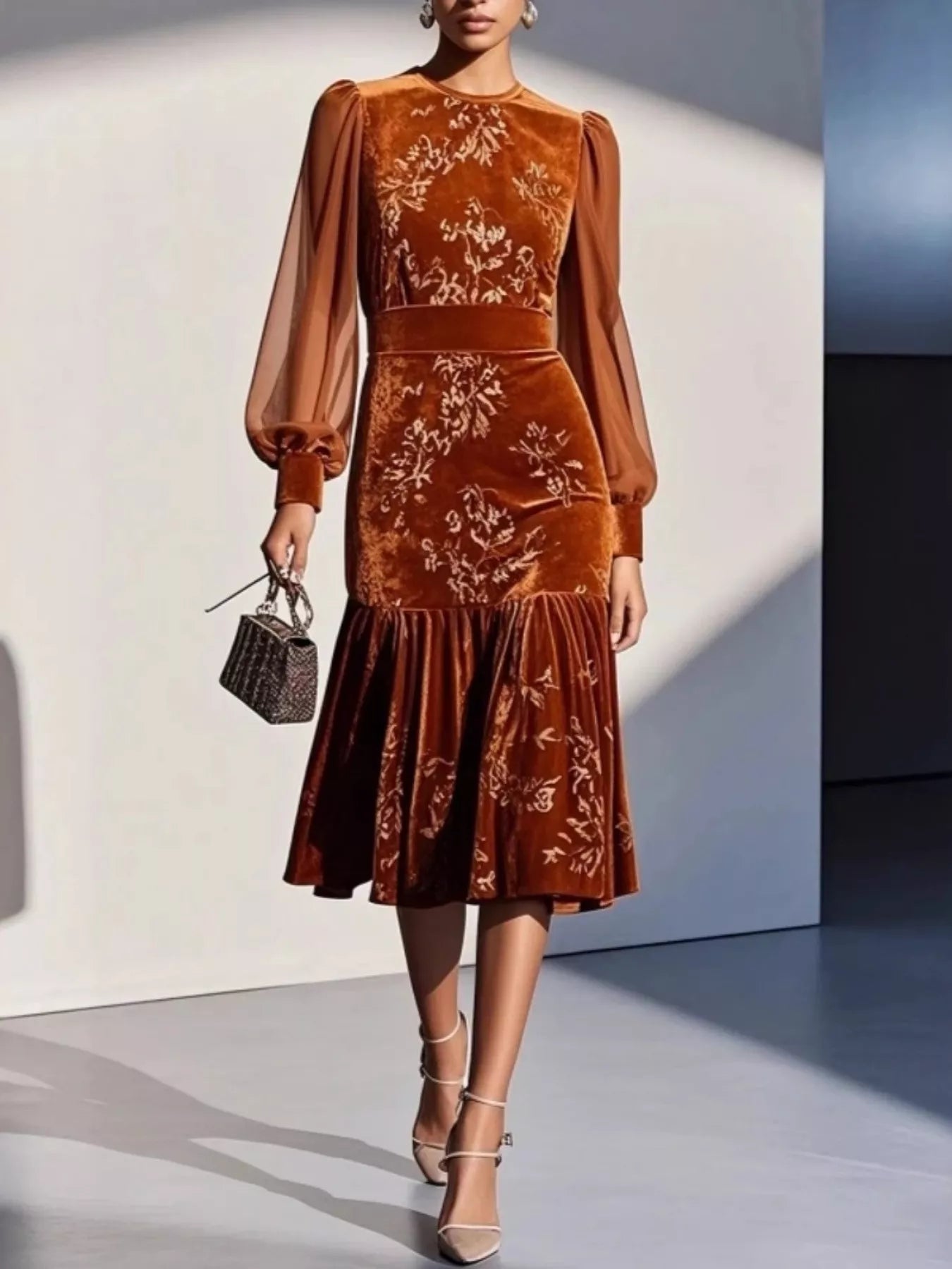 NEWYORKLISTED RUNWAY STYLE: Woman wearing a brown velvet dress with floral embroidery against a white background