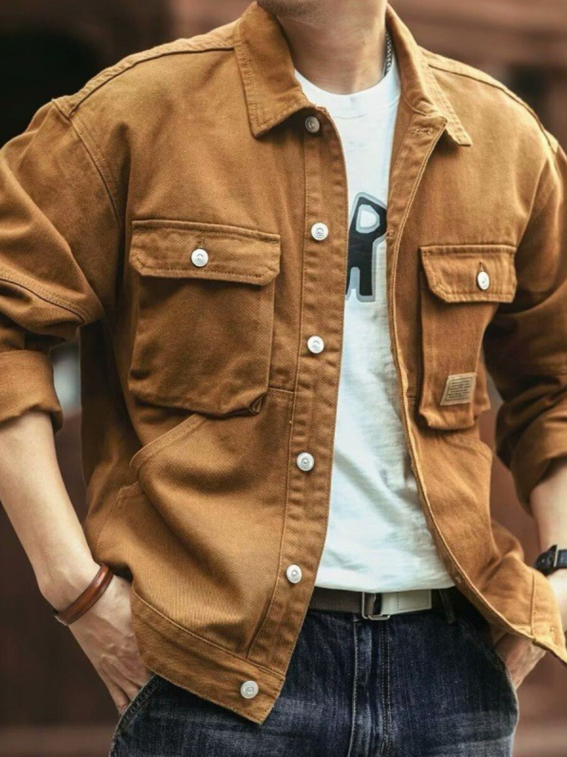 NEWYORKLISTED ATLAS MEN'S COLLECTION: Men's Washed Collared Neck Cargo Jacket in Camel 
