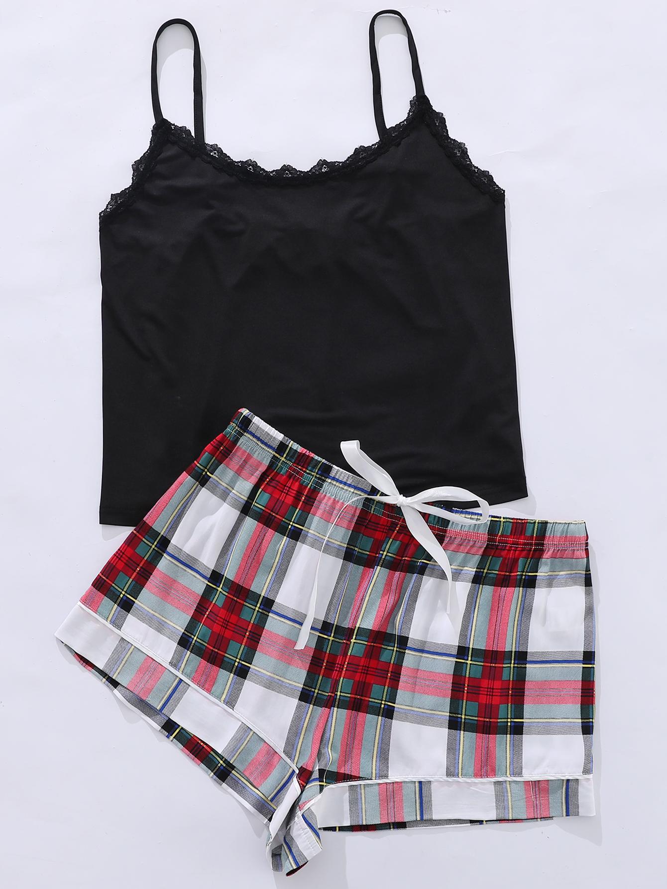 NEWYORKLISTED Intimate Apparel: Black satin camisole with plaid shorts on a white background