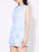 NEWYORKLISTED RUNWAY STYLE: Light blue sleeveless dress with floral embroidery on a plain background