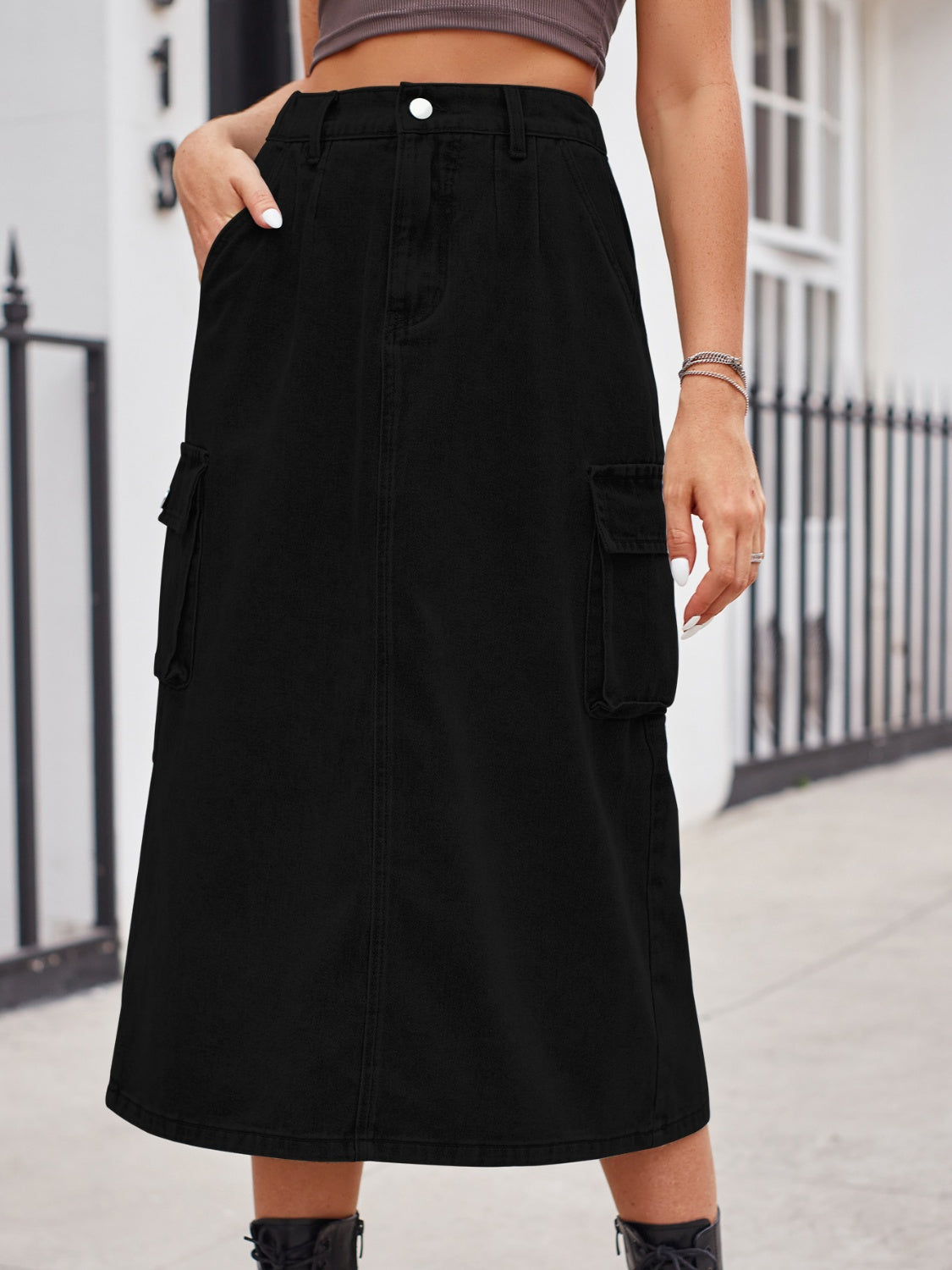 Slit Buttoned Denim Skirt with Pockets - NEWYORKLISTED
