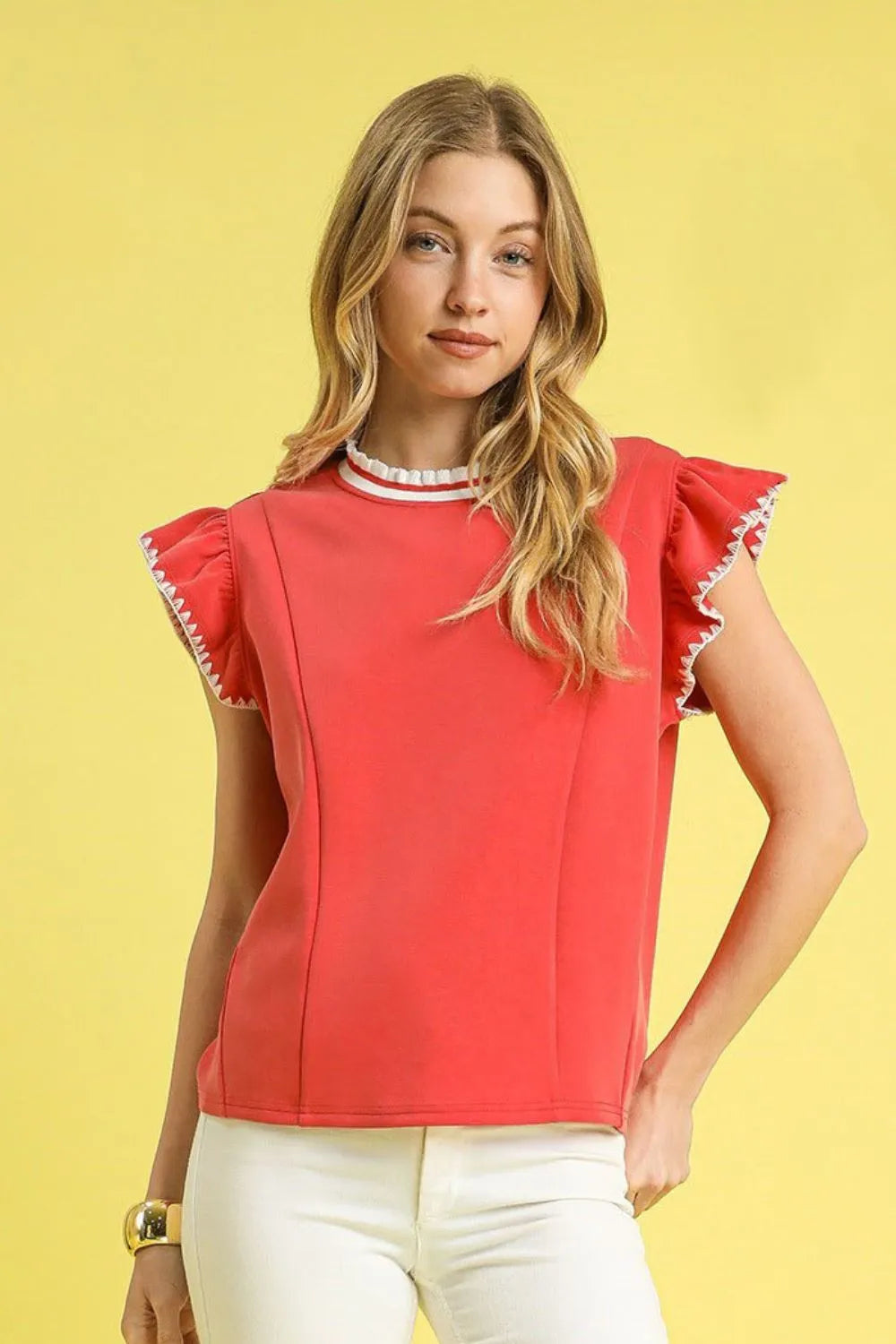 NEWYORKLISTED STYLE COLLECTION: Contrast Trim Ruffle Cap Sleeve Blouse