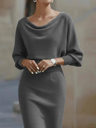 NEWYORKLISTED STYLE COLLECTION:  Female model wearing a gray outfit with a blurred background 