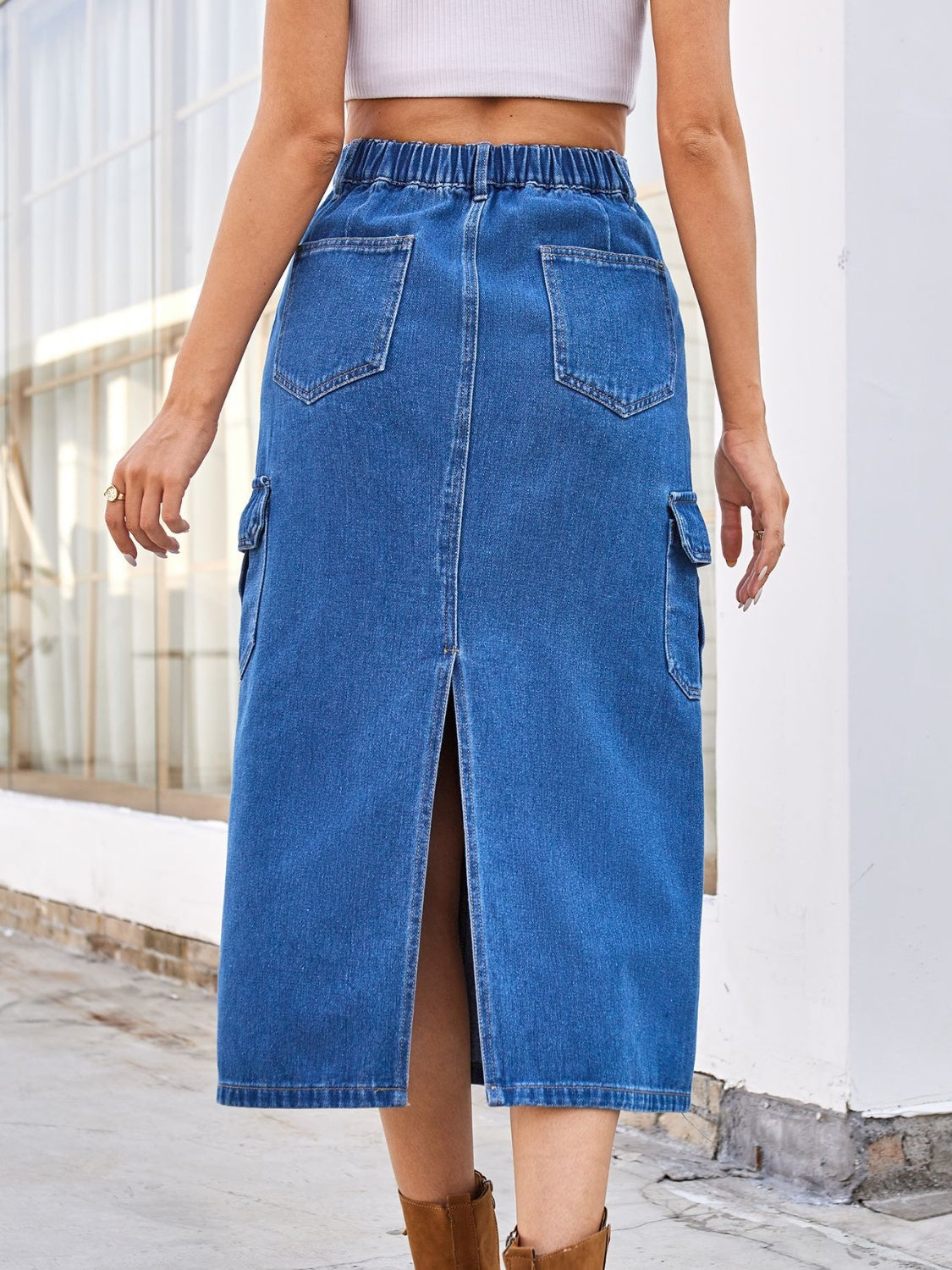 Slit Midi Denim Skirt with Pockets - NEWYORKLISTED